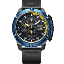 Reloj de hombre con malla de cuero negro , calendario, bisel con detalle en azul