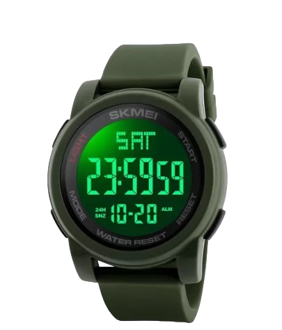 Reloj digital Azul, pantalla con iluminacion nocturna en verde, cronometor, alarma, calendario