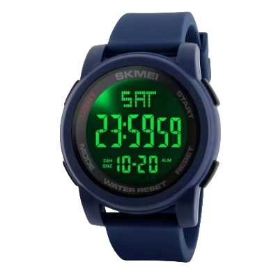 Reloj digital Azul, pantalla con iluminacion nocturna en verde, cronometor, alarma, calendario