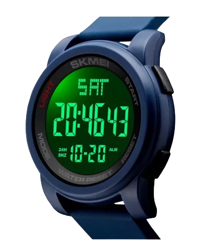 Reloj digital Azul, pantalla con iluminacion nocturna en verde, cronometor, alarma, calendario