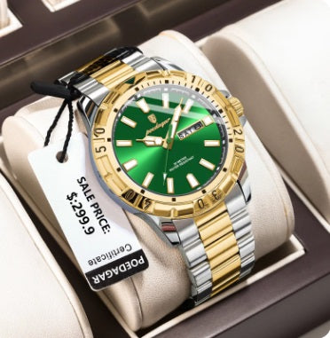 Reloj de hombre en acero inox,  analogo,  calendario, bisel verde, detalle en dorado en caja y correa